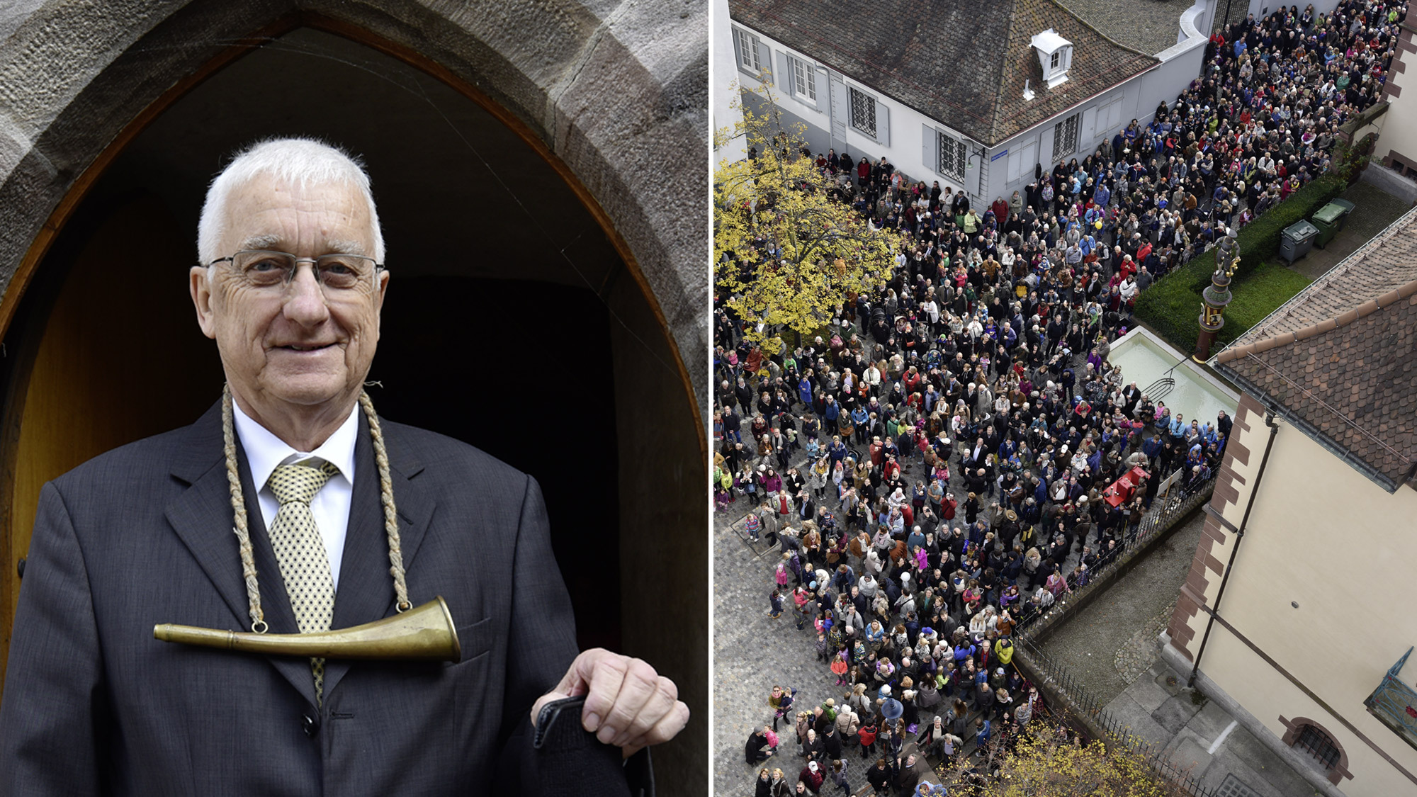 Der Mässglöggner bläst zum  Einläuten der Herbstmesse ins Jagdhorn.