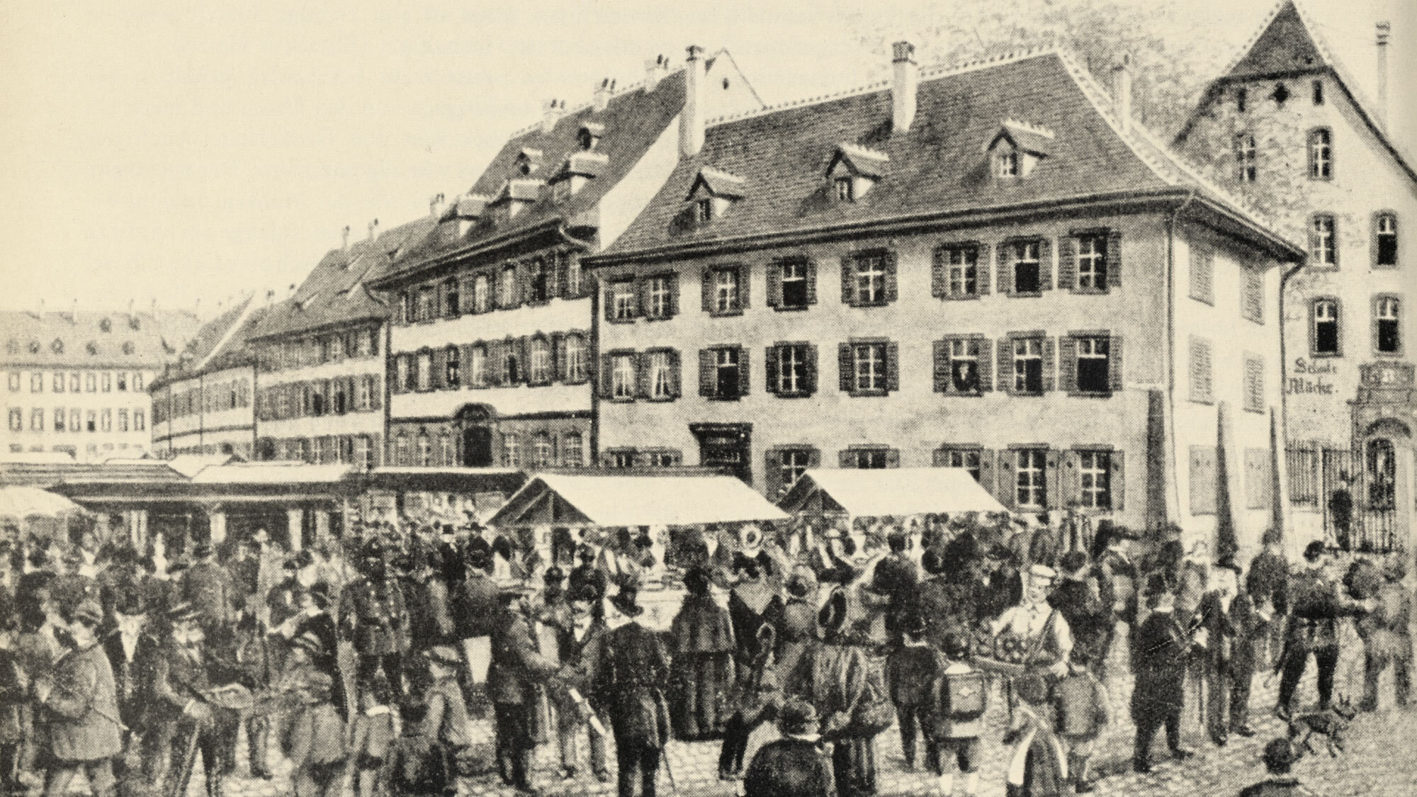Münsterplatz damals: Die Herbstmesse 1863: Statt Bahnen gab es auf dem Münsterplatz einen Markt. 550 Jahre Basler Herbstmesse, Spalentor Verlag.